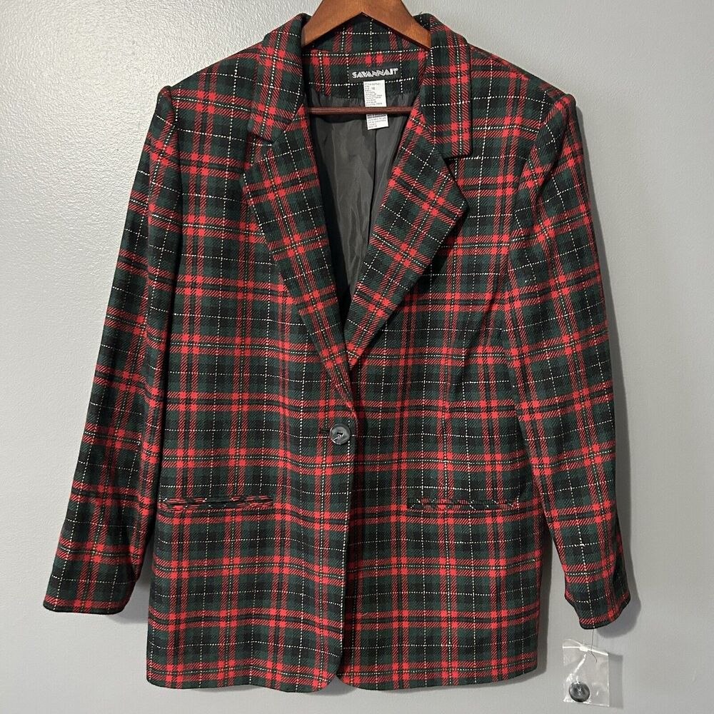 Tartan Plaid Blazer Womens Size 12 Wool Classic Preppy One Button Red Black